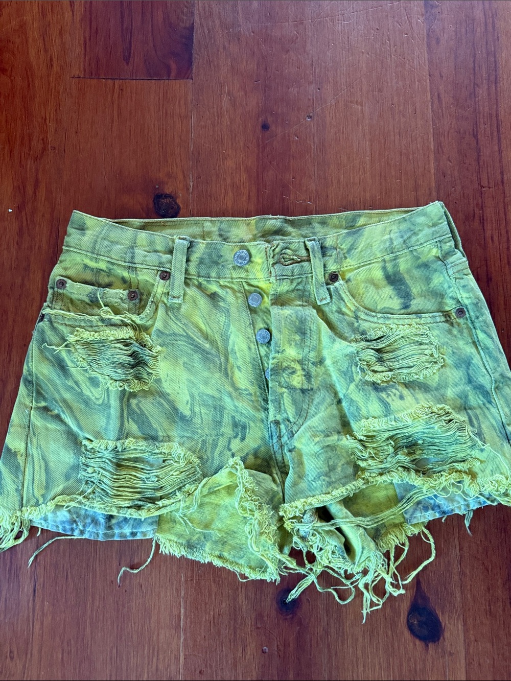 Levi's Women's Yellow-Green Tie-Dye Distressed Denim Shorts